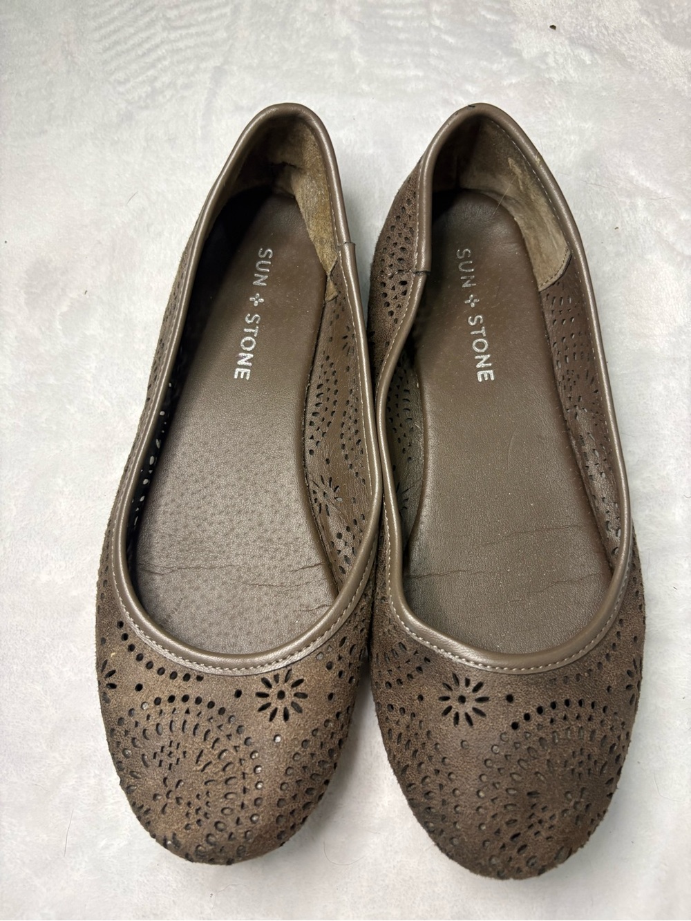 Sun + Stone Brown Perforated Faux-Suede Ballet Flats